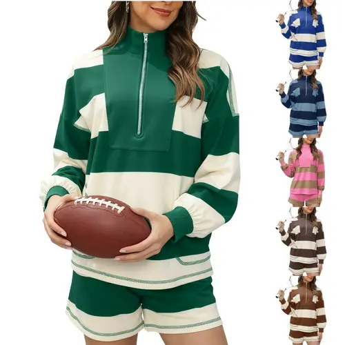 Ommig Women's Striped 2-Piece Athletic Set - Soft Cotton Blend Long Sleeve Half-Zip Shirt & Shorts, Comfy Fits, Move With Ease, Cute Outfit for Lounge & Workout, 2 Piece Sets Women,sohochic