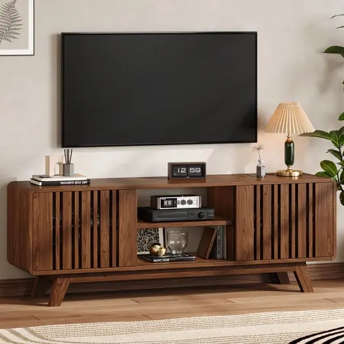 【SohoChic】ONBRILL 63-70 Inch TV Stand, Mid-Century Modern Indoor Furniture Entertainment Center with Power Outlet, Sliding Grille Door Cabinets & Open Shelves for 80 Inch Max TVs, Living Room Apartment Use, Entertainment Tv Stand