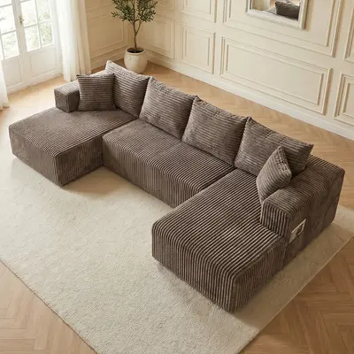 【2 Packages Shipping】132" Modular Sectional  U-Shaped Sofa  Boneless Sofas with Double Chaise Lounge Sectional Couches for Living Room