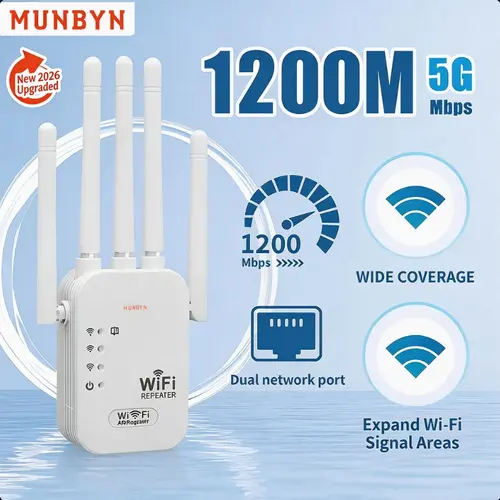 MUNBYN Wi-Fi Extender 2026 - 1200Mbps Dual Band Repeater (5GHz/2.4GHz) with 4 Antennas, Ethernet Port, Covers 10000 sq.ft, Connects 50 Devices for Home Use, Multi-Antenna Dual Band Wi-Fi Extender Repeaters,sohochic