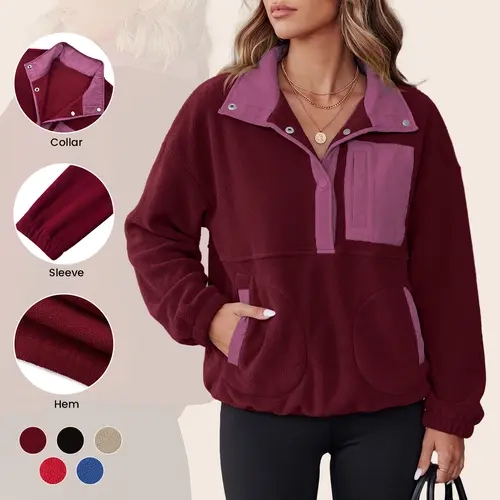 Aswulk Womens Fuzzy Fleece Pullover Sherpa Sweatshirt Long Sleeve Color clashing Button Down Sweater Winter Fleece Jacket with Pockets