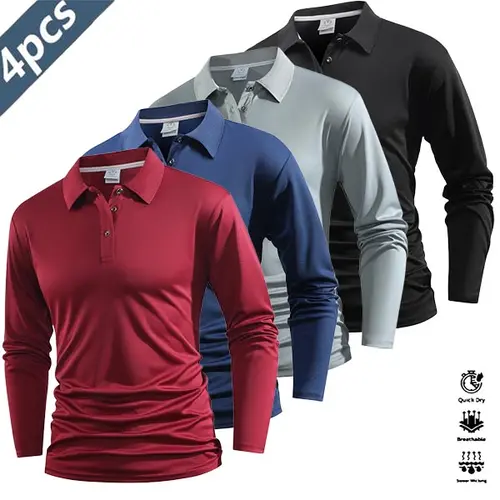 Men's 4-Piece Casual Polyester Set, Lightweight Breathable Quick-Dry Long-Sleeve Polo Shirt with Color-Block Collar & Cuffs, 2026 Printed Design for Golf, Tennis, Cycling, Polyester Clothing, Lightweight Breathable Polo Shirts