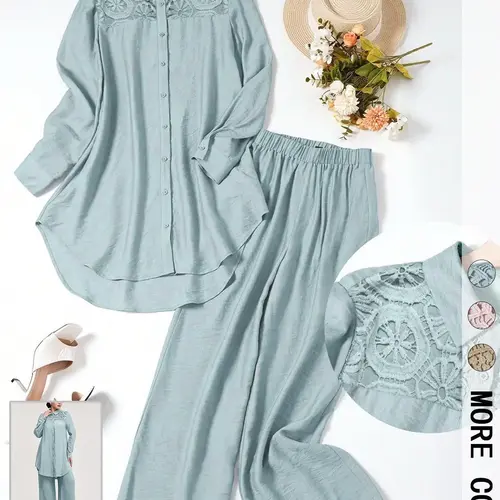 Women's Casual Two-Piece Set, Fashion Style Sets, Fashion Clothing Set, Hollow-Out Long Sleeve Top and Loose-Fit Pants, Plain Color Comfortable Breathable Woven Fabric Outfit Clothes for Daily Wear, Spring and Fall Fashion, Womenswear
