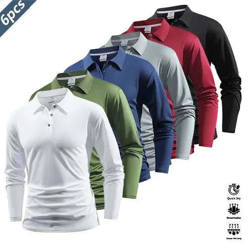 Men's 6-PCS Long Sleeve Athletic Polo Shirts Set - Polyester Plain, Quick-Dry, Breathable, Moisture-Wicking, Colorblock Collar & Cuff, All-Seasons Machine-Washable Top for Golf, Equestrian