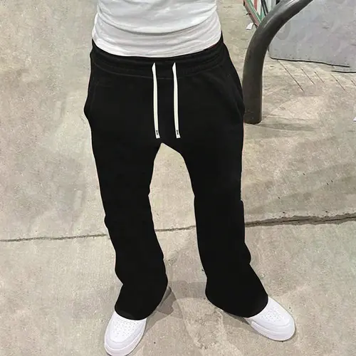 Men's autumn and winter knitted straight fleece trousers, autumn and winter trendy high street versatile casual loose sports straight warm trousers in men's style.