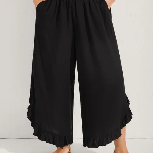 Plus Size Black Wide Leg Pants With Pockets, High Waisted Comfortable Stretch Trousers, Curvy Work Casual Office Pants[M-6X]Back To School,Fall Pick, Spotlight Day，SohoChic