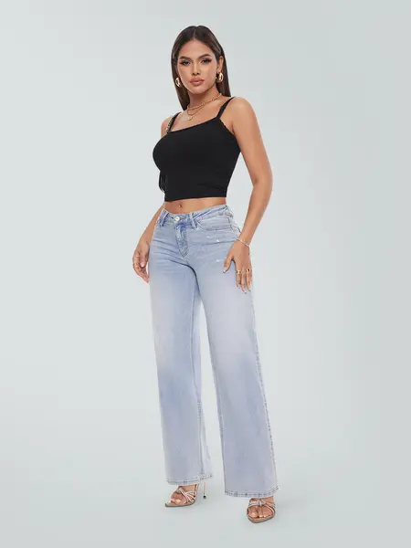 Magic ONESO BBL Jeans for Women Mid-Low Rise Stretch Baggy Fit Comfortable Light Blue/Dark Blue Wide Leg Distressed Denim with Tummy Control #TikTokShopBackToSchool