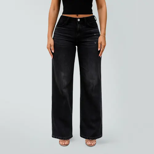 Magic ONESO Black Tummy Control BBL Jeans for Women Mid-Low Rise Stretch Baggy Fit Comfortable Wide Leg Distressed Denim Minimalist Basic Trouser #TikTokShopBackToSchool