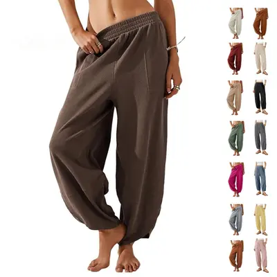 Ommig Women's Baggy Wide-Leg Trousers Pants - Casual Elastic-Waisted Palazzo Harem Bottoms with Pockets, Basic Lady's Women's Clothes,back to school shopping,sohochic