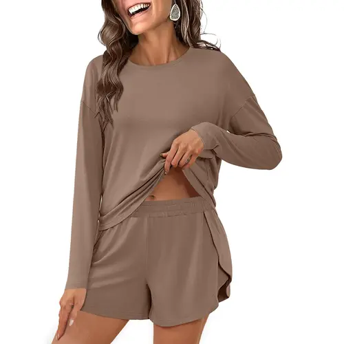 ANRABESS Womens Long Sleeve Pajama Sets 2026 Fall 2 Piece Outfits Lounge Matching Short Set Striped Pjs Loungewear Sleepwear Elastic Breathable