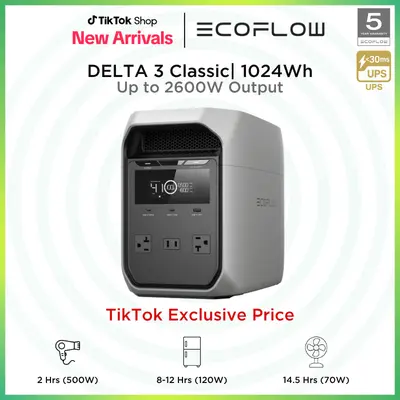 ECOFLOW DELTA 3 Classic, LiFePO4 Battery, Solar Generator, Fast Charging, Portable Power Station for Home Backup Power