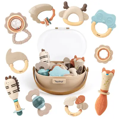 Joyreal 10 Pcs Baby Rattles & Teethers Set, Soft Sensory Teething Toys for 3-12Months, Easy-Grip Newborn Baby Gift