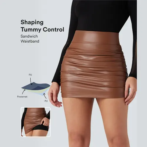 【Creator‘s Pick】High Waisted Tummy Control Ruched Curved Hem 2-in-1 Fleece PU Mini Bodycon Skirt #BackToSchool