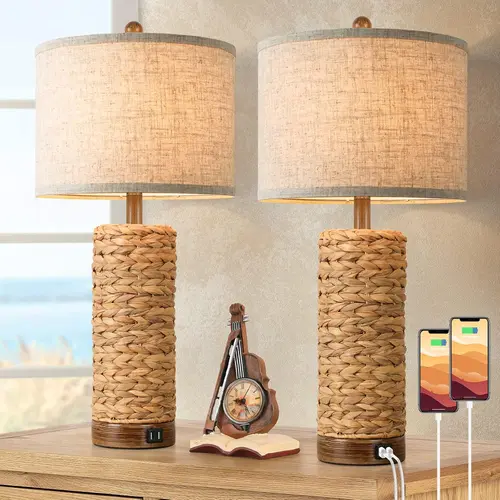 MATULSA Rattan Lamps with Bases & Shades, 27in Tall Indoor Lighting, 2 USB Charging Ports, E26 Socket, Rotary Switch, Living Room Decor Home Decor Bedroom Nightstand/End Table Lamp (No Bulb), Rattan Lamps, Bases & Shades
