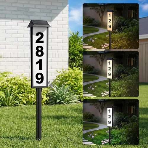 MATULSA Solar Address Sign - 1 Pcs Lighted House Number, Waterproof Outdoor 3 Color LED Modes Illuminated Plaque with Stake & Go Setup, Wall Mounted Solar Powered for Houses,sohochic