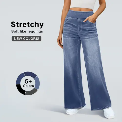 FireSwan Jeans for Women, High Rise Wide Leg Relaxed Fit, Pull-On Stretch Knit Denim Pants with Elastic Waist and Pockets, Streetwear Women's Clothes, High Rise Denim,clothes for back to school,first day of school outfits,sohochic