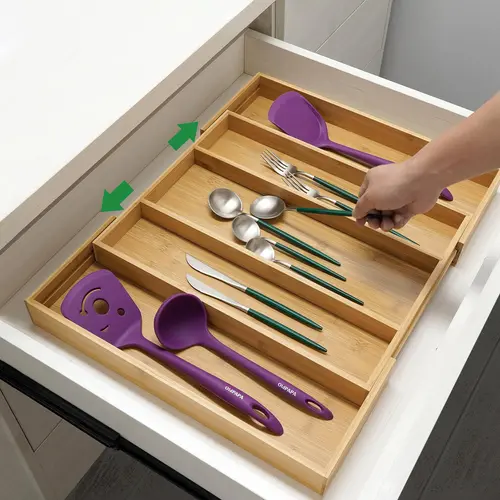 Premium Bamboo Expandable Drawer Organizer Adjustable Kitchen Drawer Organizer for Large Cooking Utensils Cutlery Racks