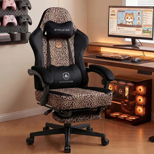 GTPLAYER Gaming Chair with Leopard Print Cat, Cute Velvet Fabric Ergonomic Office Chair with Footrest Headrest and Lumbar Support, Big and Tall Comfortable Video Gamer Chair for Women Gift