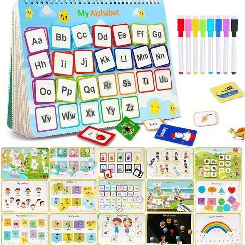 Montessori Busy Book - Preschool Visual Learning Tool with 32 & 35 Themes (Alphabets, Weather, Emotions), Pen Set for Toddlers to Build Patience & Early Educational Skills