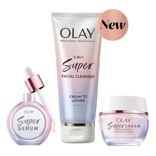 OLAY Super Glow 3-Piece Women's Skincare System - Facial Cleanser, Hydrating Serum, Lightweight Moisturizer, Sunscreen SPF 30 Sun Shield for Glow Up, Multi-Part Skin Care Kits for Refreshed Look