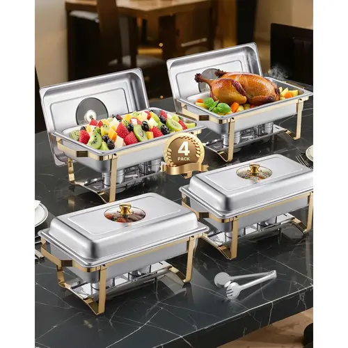 VEVOR Polished Durable Stainless Steel Gold Full Size Rectangular Chafing Dish Buffet Set, 8 Qt 4-Pack Space-Saving Bakeware Pans, Full Size Pan for Gatherings, Kitchen Events#SohoChic