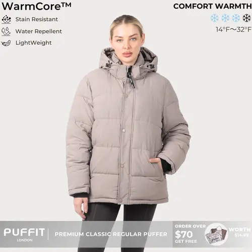 PUFFIT WarmCore Premium Detachable-Hood Puffer Jacket | Classic Lightweight Winter Coat,Windproof,Water-Repellent,Adjustable Drawstring Design,Womenswear,Tops,Outerwear,Long Sleeve,Fall Jacket,2026 Shopping