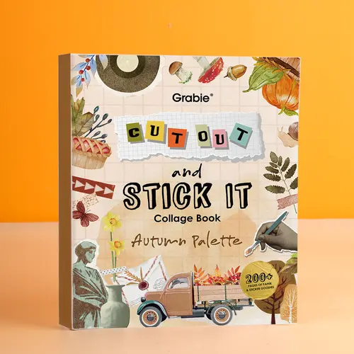 Grabie Autumn Collage Activity Book (200+ Pages) - Illustrated, Cozy Coloring & Doodle Art Supplies for Kids, Vellum Paper, Kraft Paper, Customizable Envelopes, Pockets, Back to School Class Reward Gift