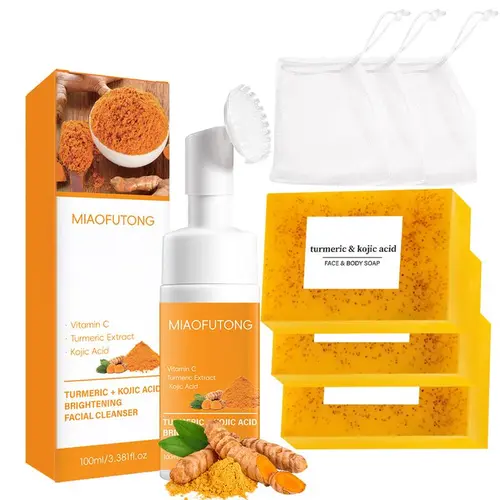 Turmeric 2-Piece Wash & Care Set - Gentle Lemon Cleansing Mousse, Normal Skin Turmeric Soap, Deep Cleanse Brightening Facial Cleanser for Daily Facial Routine, Back to School Gift