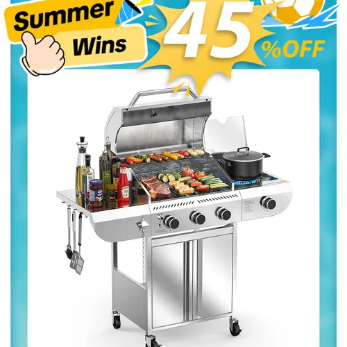 XBEAUTY Portable 3-Burner Propane Gas Barbecue Grill with Side Burner, 34000 BTU Stainless Steel, 489 sq in. Cooking Area, Cast Iron Grates, Transport Wheels for Mobility, Outdoor Use (Backyard, Camping)