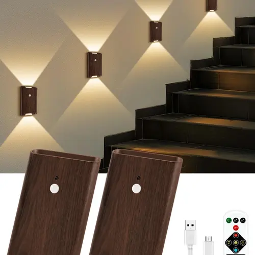 SohoChic Motion Sensor Decorative Wall Light - Classic Walnut Grain Finish, 5000mAh Batteries, Adjustable LEDs, 3-Color Dimmable Up/Down Lighting, Remote Control, Nightlight for Bedroom, Home Decor for Hallway Stairs Porch