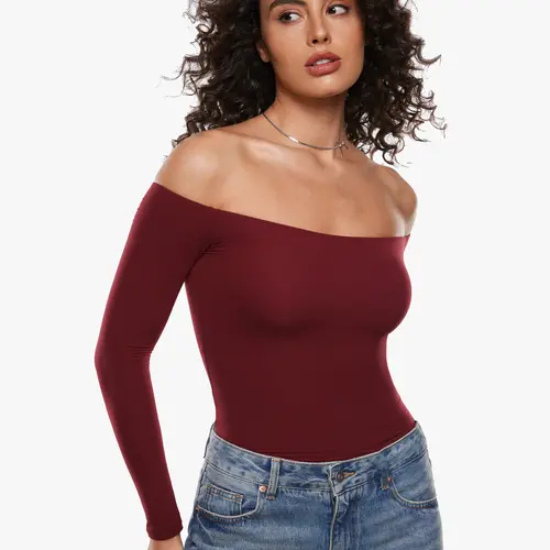 INLYRIC Women's Inbarely Soft Off The Shoulder Double Lined Long Sleeve Tops Going Out Slim Fitted Sexy Trendy T-Shirts