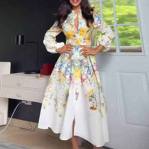 CHICME Wedding French Style Floral Print Stand Collar Lantern Sleeve Button Down Evening Dress Cinched Waist Wedding Guest Vacation Dress with Belt Fit Matching
