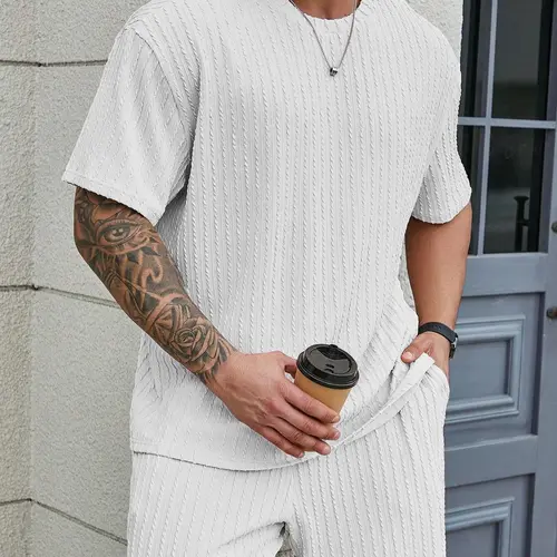 KZZ Men's 2-Piece Shorts Matching Set, Menswear Casual Solid Textured Coordinated Clothes, Relaxed Fit Drop Shoulder Tee & Drawstring Shorts, Men's 2 Piece Sets,sohochic