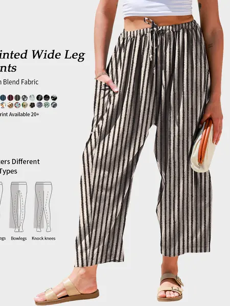 TARSE Womens Linen Blend Wide Leg Pants Casual Comfy Oversized Loose Fit Printed Summer Beach Travel Vacation Palazzo Trousers with Pockets