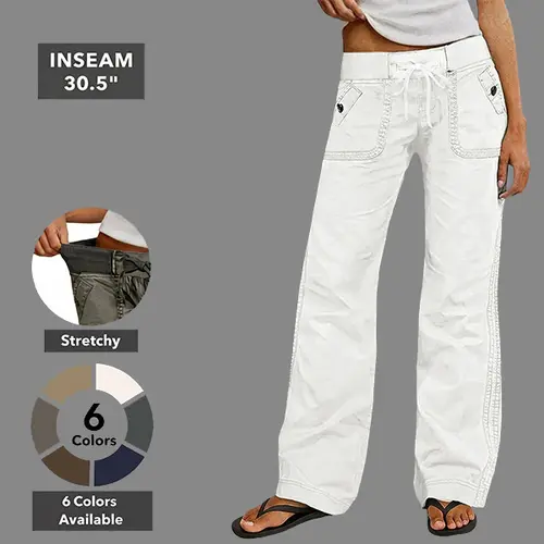 Flamingals Solid Seam Detail Drawstring Mid Rise Straight Leg Pants High Stretch Fabric Women's Wear Minimalist Fit Basic Style Multiple Colors