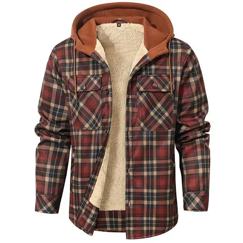 Zaitun Men's Fitted Plaid Utility Shacket - Hooded, Full-Length Sleeves, Button-Front, Functional Pockets, Soft Polyester Fabric, Outdoor Coverage, Workwear Top
