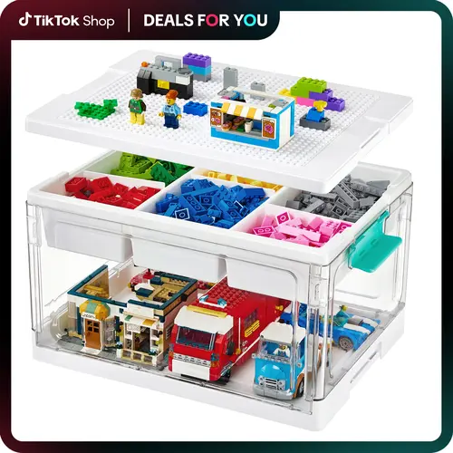 Vtopmart 2/4 Pack 24QT Collapsible Building Block Storage Bin, with Building Baseplate Lid, Removable Tray & Divided Compartment for Art Crafts Sensory Toys Squishy, Water&Dust Prooft, Dorm Essentials, Home Decor, BackToSchool & Prechool Restock Lockable