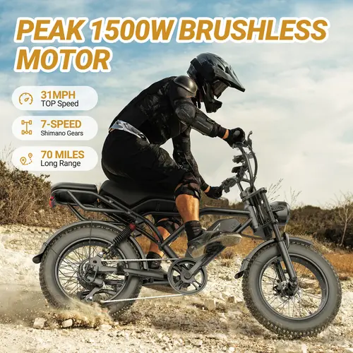 【VOLTVOGUE】Electric Bike, Peak Power 1500W, Full Suspension, Top Speed 31 MPH, Range 40-70 Miles, 48V 20Ah Removable Battery, 2-Seater Design, LED Headlights, 20-Inch All-Terrain Fat Tires, UL 2849 Certified.  Ebike  Electric Motorcycle【BK20】