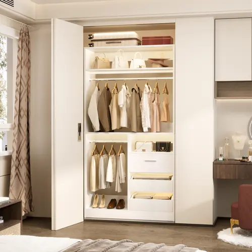 Freestanding 36'' W Closet System with 3 Wooden Drawers and 2 Hanging Rods,Sturdy Walk-in Closet Organizer System Wardrobe Rack with Storage Shelves,dorm essentials,home decor,sohochic