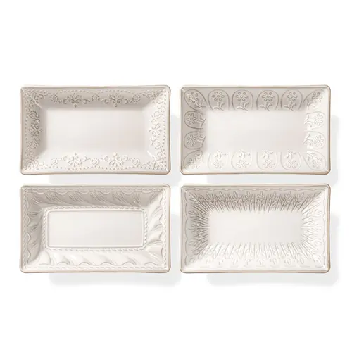 Glossy Rectangular Dinner Plates - 4-Pc 8.25in 15oz Deep Sturdy Ceramic Plates with Textured Rim, Multiple Patterns, Oven-Microwave-Dishwasher Safe Dining Table Dishwasher Safe Tableware for Appetizers, Dessert,sohochic