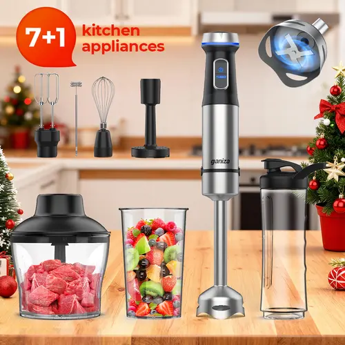 Ganiza 8-in-1 Kitchen Immersion Hand Blender - 800W Motor, 16 Speeds, Stainless Steel Stick Head, 600ml Blending Cup, Chopping Bowl, Whisk, Milk Frother, Masher, Recipe Guide - Blend, Whip, Mash, Mix, Egg Beaters - Perfect Gift for Home Cooks