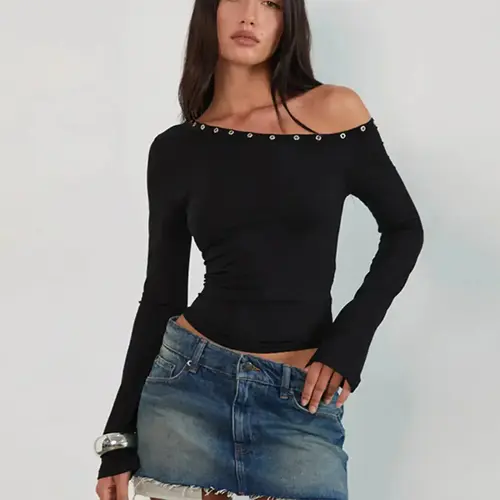 Women's Long Sleeve off Shoulder Top, Casual Knitted Fabric, Knitwear, Perfect for Spring & Fall Seasons, Stylish Elegant Chic Design for Daily Wear, Basic Womenswear