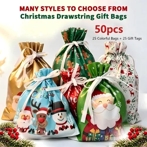 Christmas Gift Bags, 25 Gift Bags + 25 Gift Tags (50 PCS Set), Drawstring Gift Bags in 2 Sizes, Festive Holiday Wrapping Bags, Goodie Bags & Christmas Party Favor Bags for Kids, Santa & Snowflake Designs sohochic