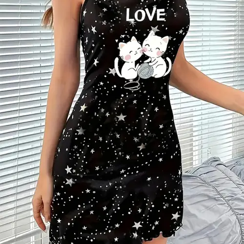 Women's Summer Spaghetti Strap Sleeveless Cami Nightdress, Animal and Star Print, Casual Fitted Style, Knit Fabric, Moderate Thickness, Nightwear Loungewear Sleep Dress, Soft Lounge Dress