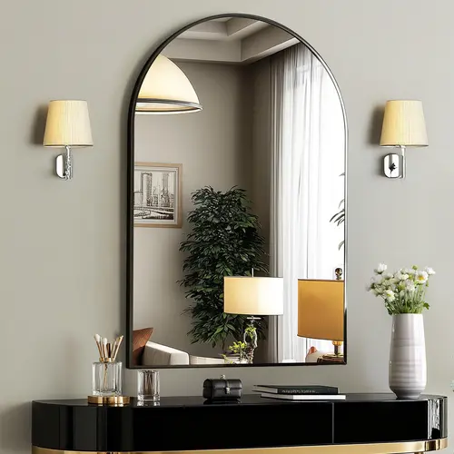 Sweetcrispy Shatterproof Arched Gold Aluminum Frame Glass Mirror - Wall-Mounted Modern Vanity Piece with Reflection Clarity, Indoor Use Arched Mirror Decor for Bathroom, Bedroom Wall Fixtures