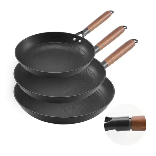 VEVOR Cast Iron Skillet,  3-Piece Frying Pan Set (8, 10, 12 in), Nonstick Skillets with Detachable Wood Handle, Pre-Seasoned Chef's Pan, Kitchen Cookware for Gas, Electrical, and Induction, Black
