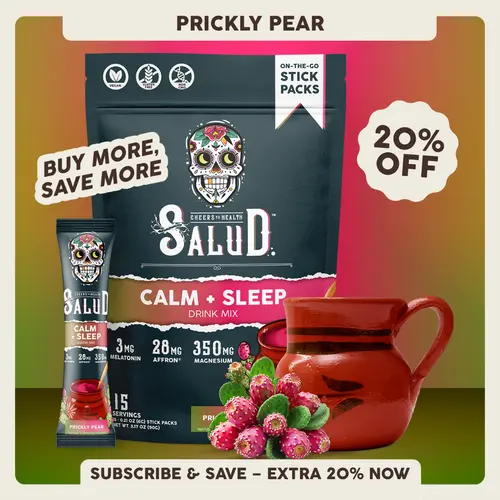 Salud 2-in-1 [Calm + Sleep - Prickly Pear] Nighttime Drink Mix,Agua Fresca, Melatonin, Magnesium, Saffron Extract, L-Theanine, Relaxation & Sleep Support, Non-GMO, Gluten Free, Vegan, Low Calorie, 1g Sugar (15 Servings)