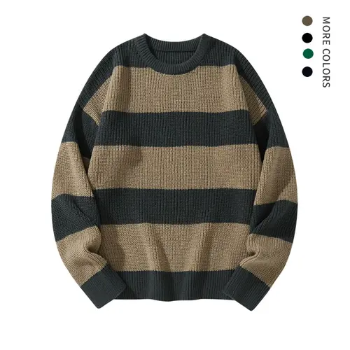 Fall Men's Basic Striped Crew Neck Knitwear - Menswear, Casual Polyester Warm Long-Sleeved Top, Comfortable Loose Fit for Daily Outdoor, Christmas Holiday Wear (Autumn Winter),sohochic