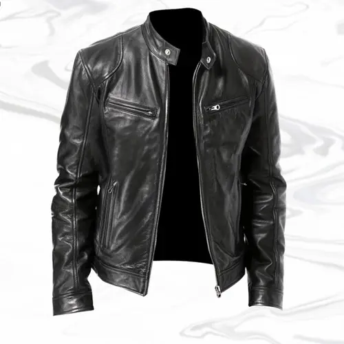 Men's Fitted Faux Leather Long-Sleeve Biker Coat - Male Clothing, Stylish Stand Collar Glossy Top, Plain Casual Streetwear, Spring Daily Apparel, Father's Day Gift,sohochic