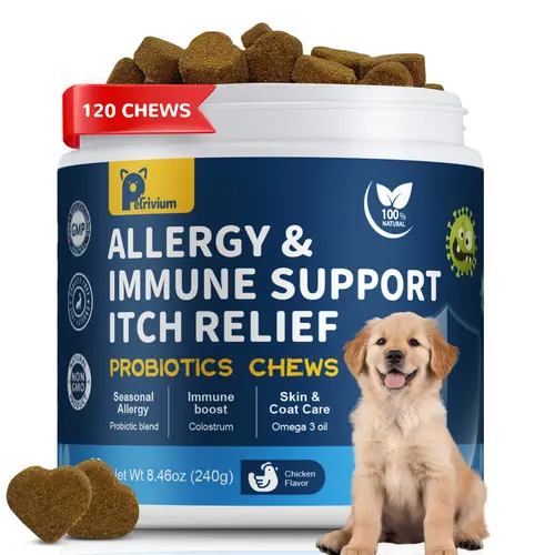 【Upgraded Formula】Petrivium Allergy&Immune support chews for Dogs,JUMBO SIZE-120ct Chicken Flavor,Topper with Probiotic,Itching Skin and Ears Relief,with Colostrum Fish Oil to Boost Immune&promote Gut Health,Excessive Paw Licking-#Summervibes#petlovers su